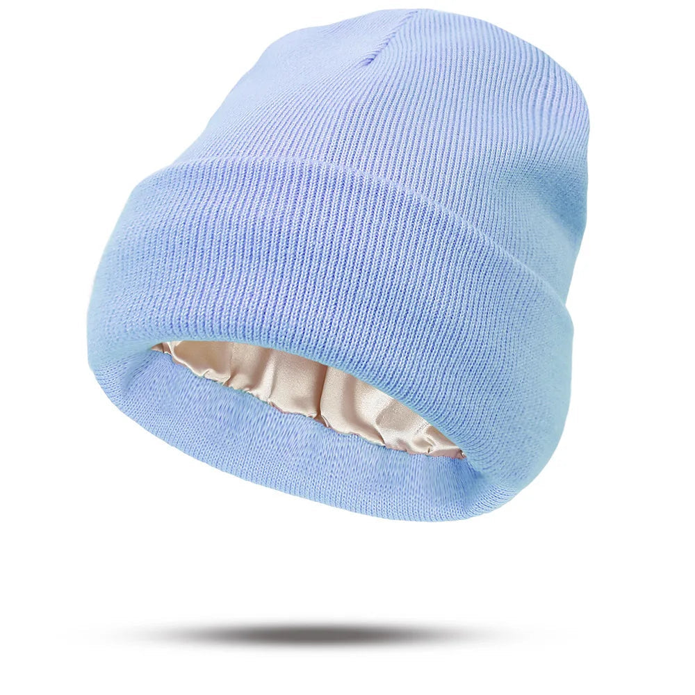 Women's Hats for Autumn&Winter-Comfortable Stylish Versatile Warm-Keeping Hairstyle-Protecting Knitted Satin Woolen Hats Good Vibrations
