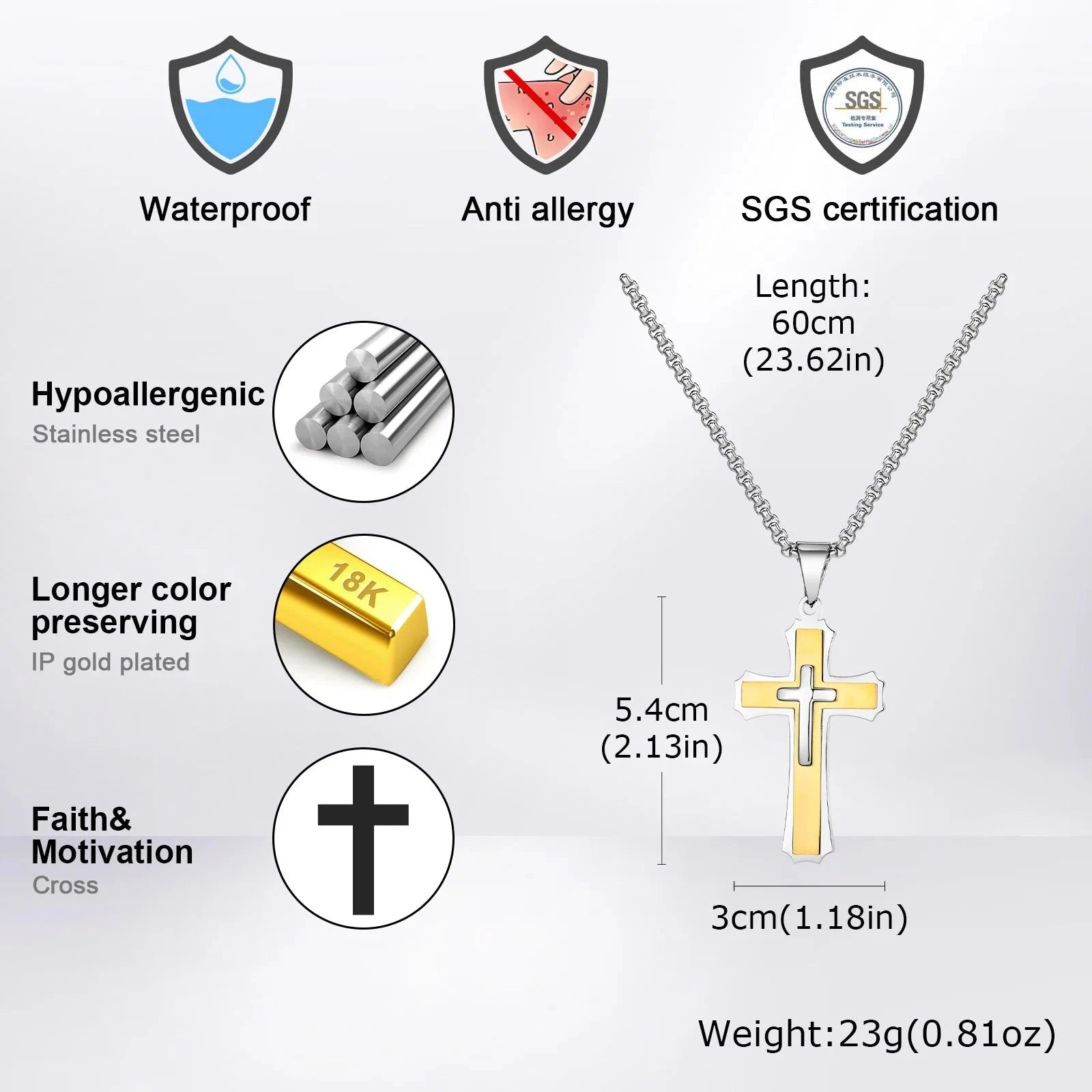 3D Cross Pendant Necklaces for Men Boys,Black Gold Color Stainless Steel Cross Necklace,Hiphop Punk Party Gift Good Vibrations