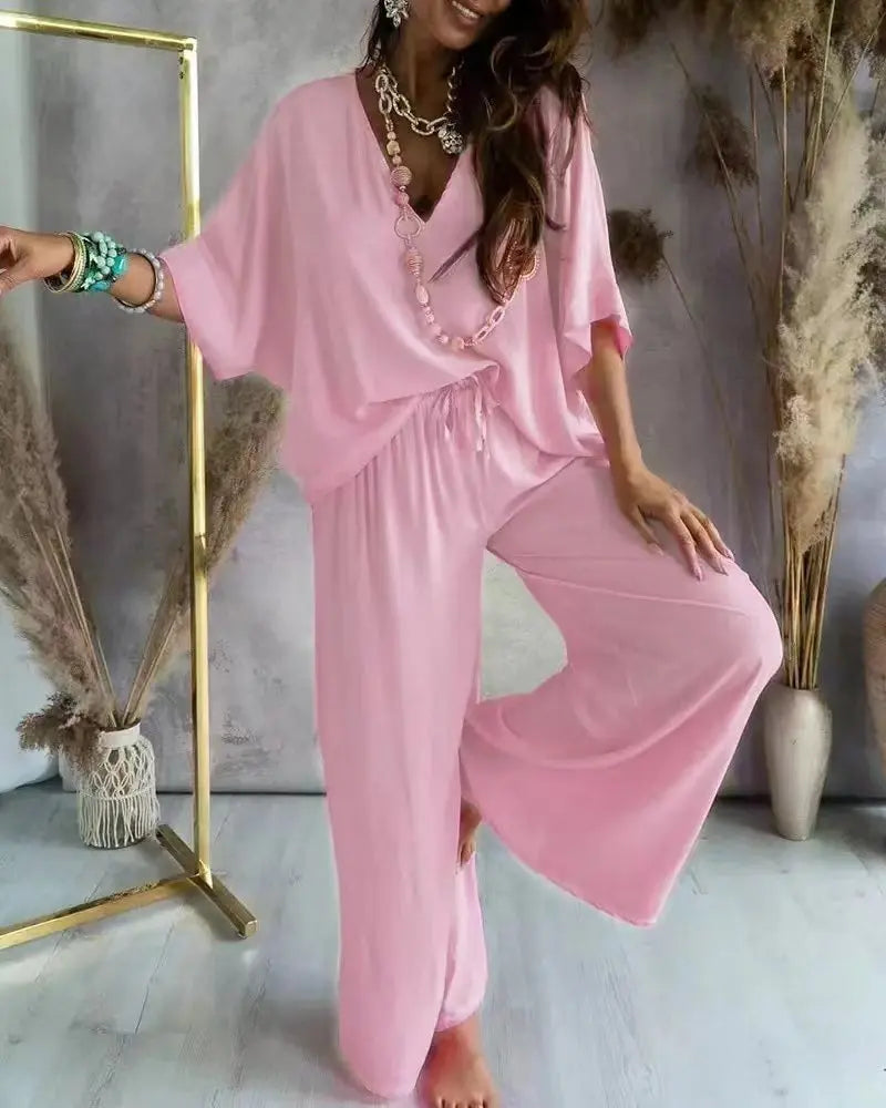 Summer White Two Piece Set For Women V Neck Bat Sleeve Top Casual Loose Lace Up Wide-leg Pants 2 Piece Suit Home Outfits Women's Good Vibrations
