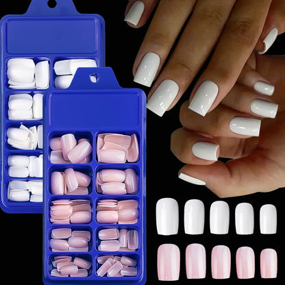 100pcs White Medium Square False Nails Full Cover Acrylic Artifical Fake Nail Tips Women Nail Decoration 10 Sizes Press On Nails Good Vibrations