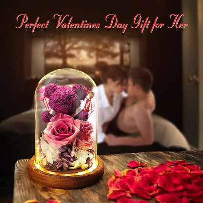 Valentine's Day Gift for Girlfriend Eternal Preserved Rose Flower Gift Box Teddy Bear Eternal Flower with Lights Gift for Women Good Vibrations