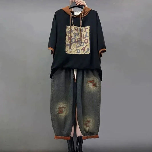 Jeans Set Women Denim Pants Two Piece Set 2025 New Loose Plus size Casual Suit Female Fashion Hooded Printed Jeans Sets Good Vibrations