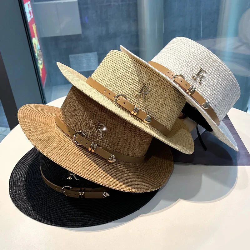 Summer Sun Hat Flat Top Straw Hats for Women New Metal R Letter Fashionable Beach Sun Hat Females Travel Holidays Boater Hat Good Vibrations