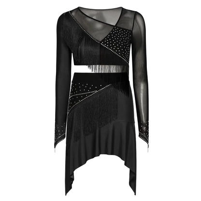 Women Lyrical Dance Outfit Set Modern Contemporary Dancewear Tassel Long Sleeve Mesh Crop Top with Skirted Leotard Ballet Outfit Good Vibrations