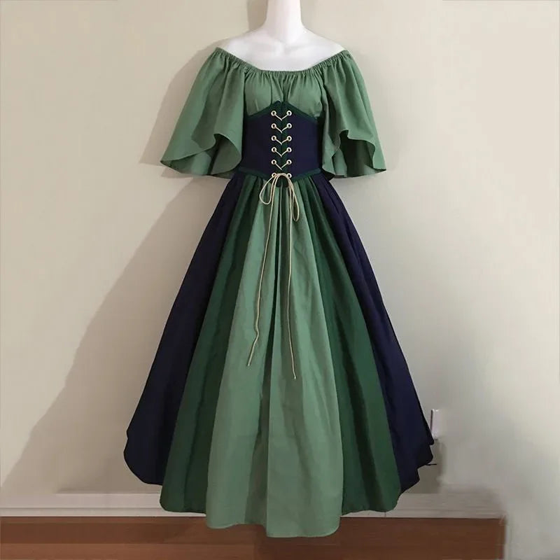 Halloween Costumes for Women Medieval Retro Contrasting Color Slim Swing Dress One-word Shoulder Dress Love Live Cosplay Good Vibrations