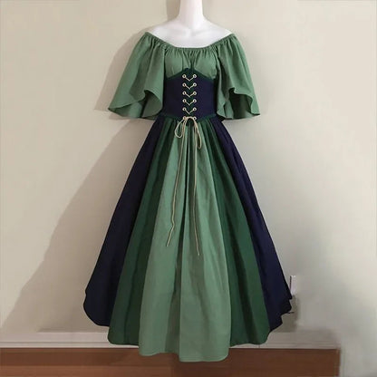 Halloween Costumes for Women Medieval Retro Contrasting Color Slim Swing Dress One-word Shoulder Dress Love Live Cosplay Good Vibrations