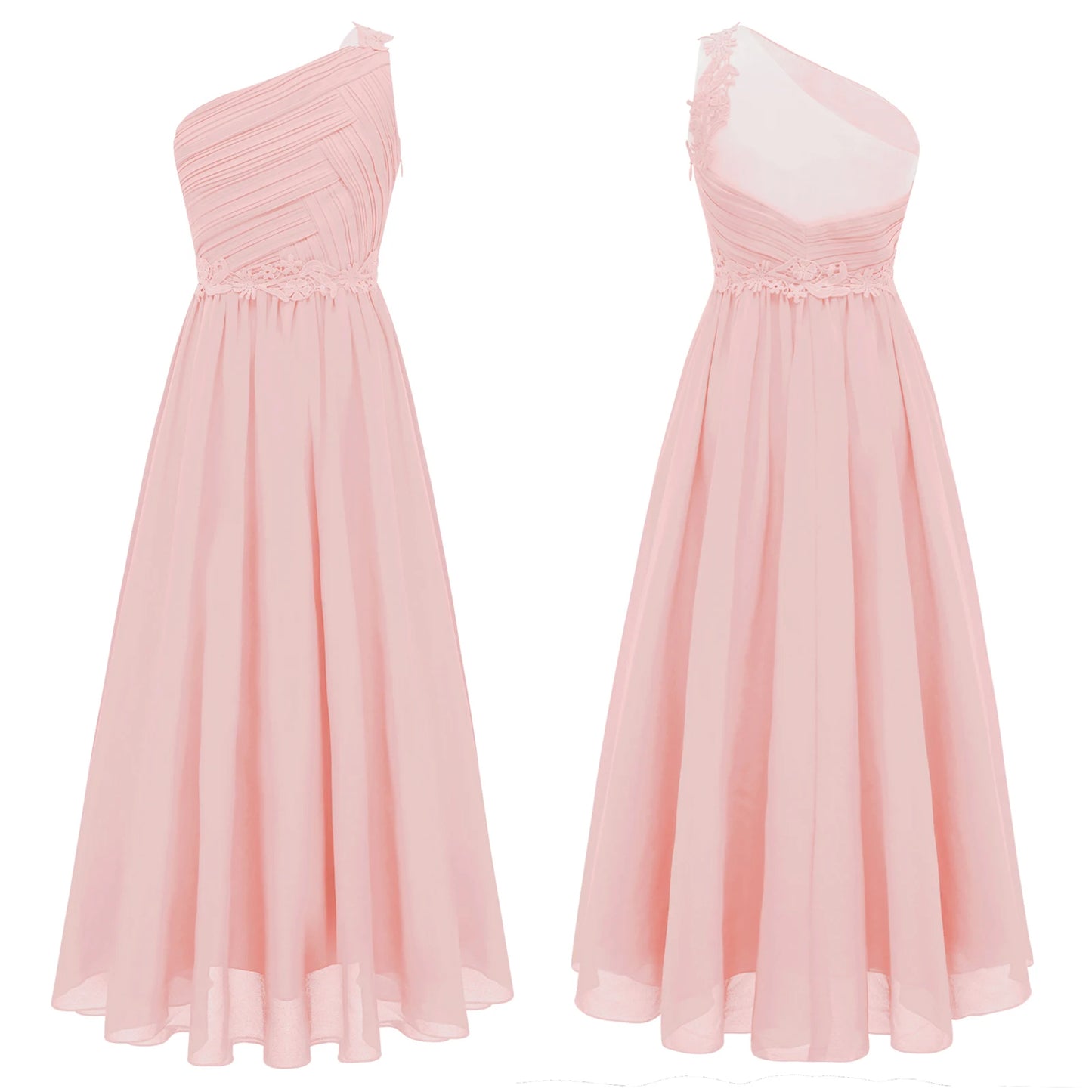 Girls Wedding Bridesmaid Dress One Shoulder Elegant Guipure Lace Ruched Chiffon Maxi Party Dresses Birthday Evening Prom Gown Good Vibrations