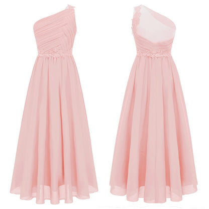 Girls Wedding Bridesmaid Dress One Shoulder Elegant Guipure Lace Ruched Chiffon Maxi Party Dresses Birthday Evening Prom Gown Good Vibrations