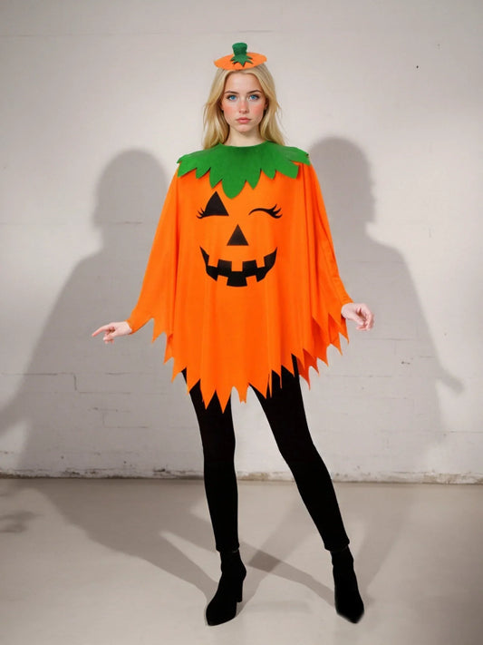 woman wearing orange Halloween party costume pumpkin cloak with green collar and matching headband