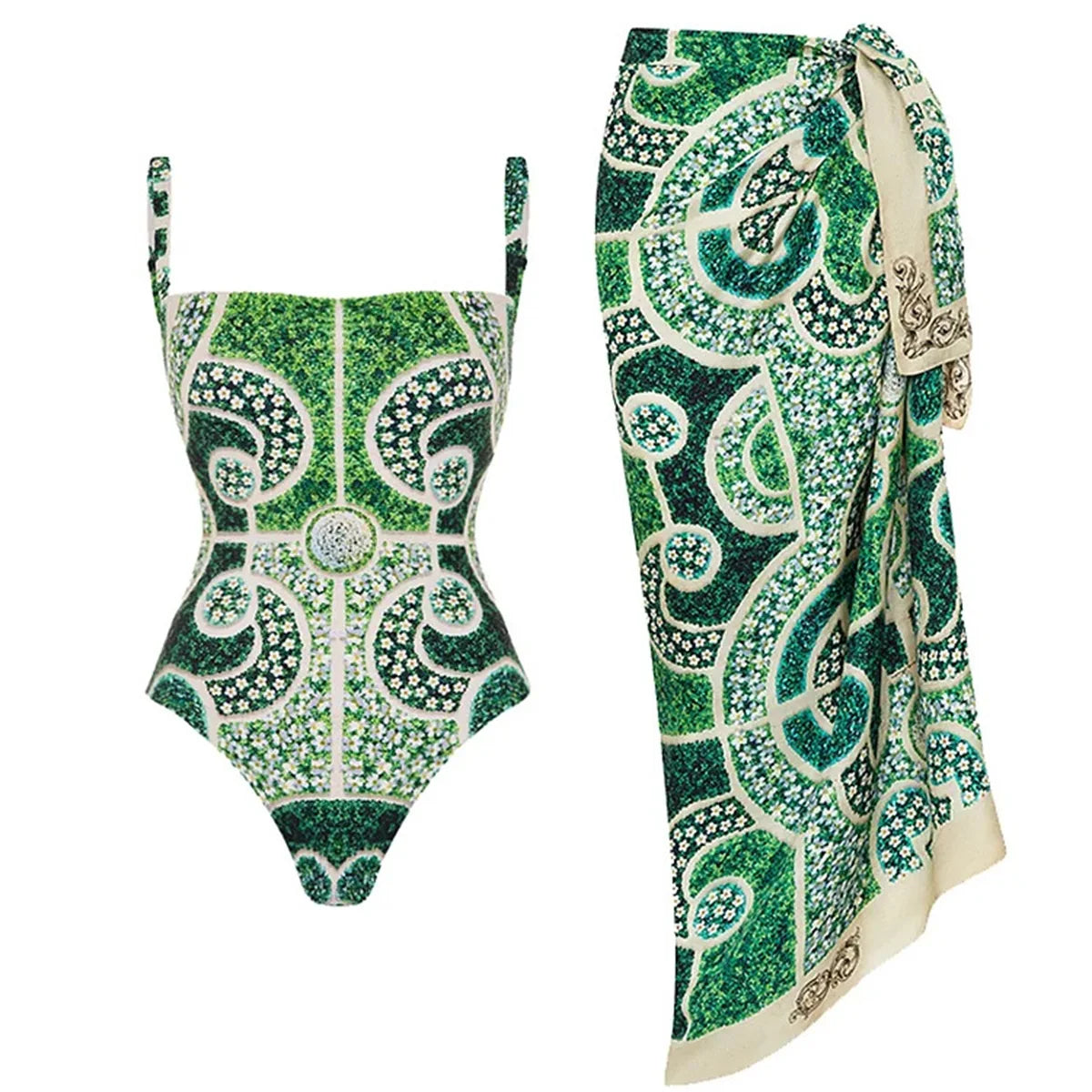 2Pcs Printed Swimsuit Women Sexy Swimwear New Bikini With Long Skirt Female Biquini Push Up Swim Suit Bodysuit Beachwear CoverUp Good Vibrations