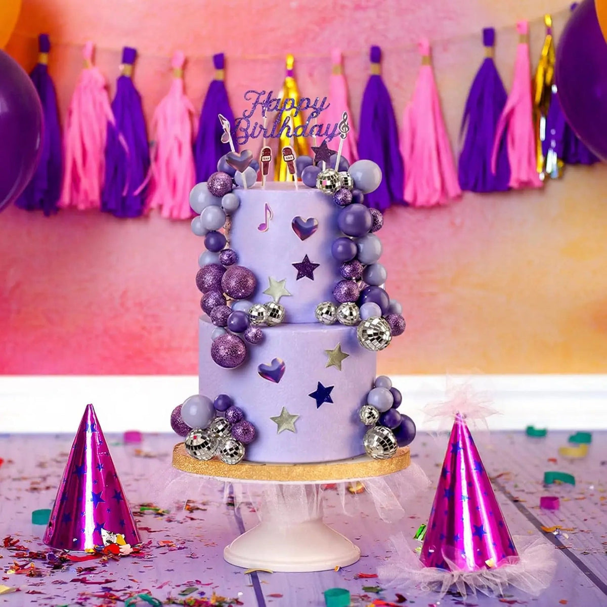 Complete K-Pop Party Cake Topper: Purple Disco Balls, Mic, Hearts & “Happy Birthday” – Music Theme Decor Good Vibrations