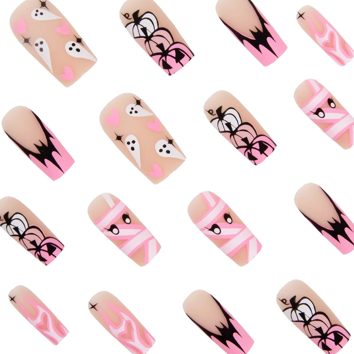 24pcs Gradient Pink French Style Press On Nails Cute Bandage Ghost Pumpkin Printed Halloween Fake Nails Medium Coffin False Nail Good Vibrations