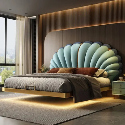 Luxury Beds 2 People Frame Floating Light Luxury Leather LED Lamp Double Bed Pink And Blue Queen Bed Frames Bedroom Furniture