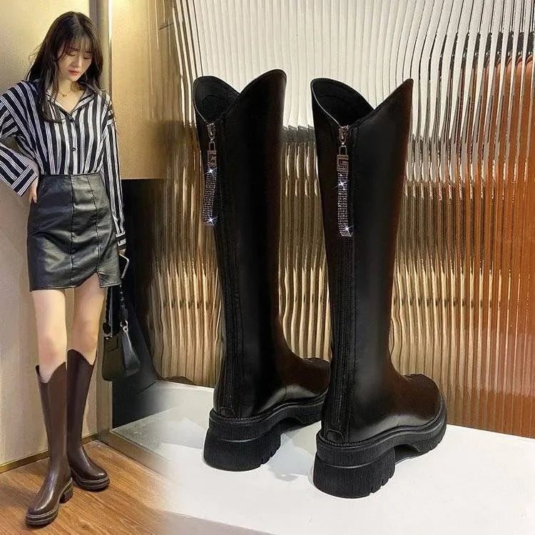 Boots Women's Autumn and Winter New Flat Bottom Black Long BootsVVersatile Slimming Long Boots Height Increasing Elastic High Good Vibrations