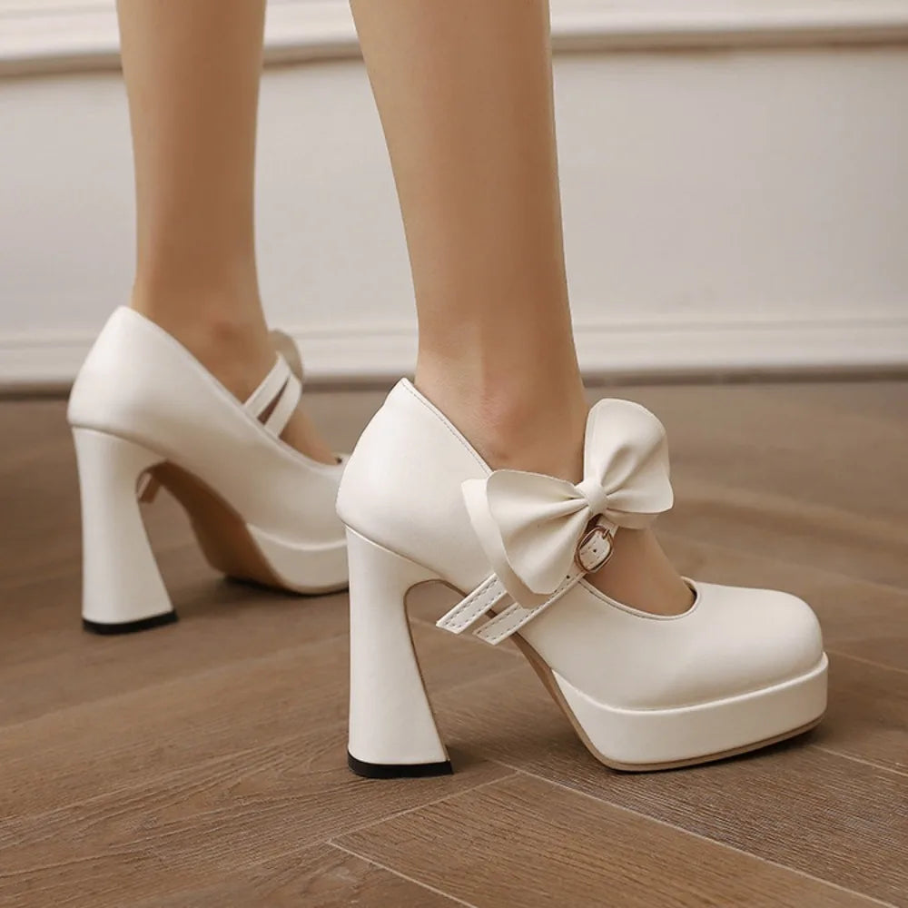High Heels Women Spring Summer Elegant Fashion Bowknot Square Toe Party Dress Wedding Bride Platform Shoes Big Size 45 30-50 Good Vibrations