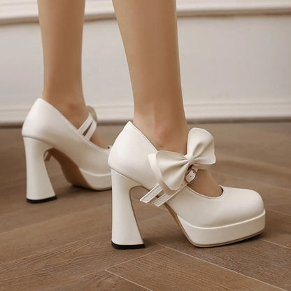 High Heels Women Spring Summer Elegant Fashion Bowknot Square Toe Party Dress Wedding Bride Platform Shoes Big Size 45 30-50 Good Vibrations