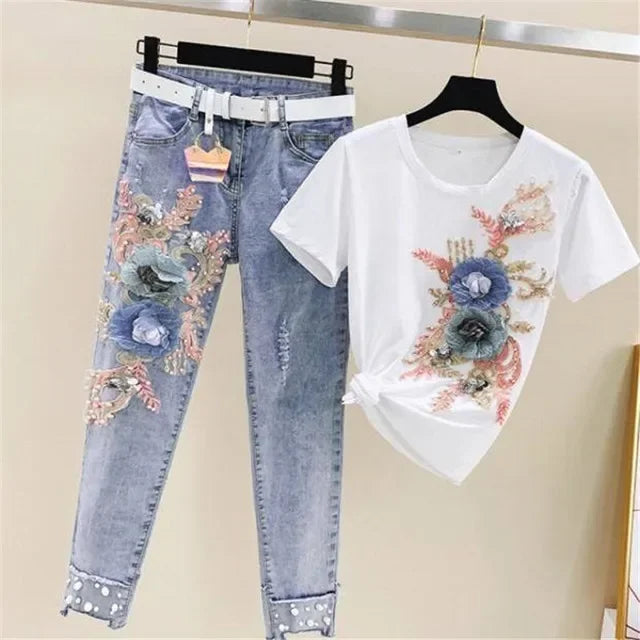Two-Piece Suit 2025 Summer New Women Denim Pants Beading Embroidery Tshirt Tops+ High Waist Hole Jeans Female Casual Outfits Good Vibrations