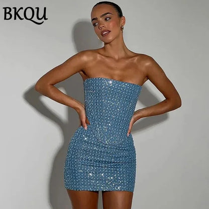 BKQU Women Sequined Denim Two Piece Sets Sexy Strapless Corset Tank Tops and Mini Skirt Sets 2024 Summer Party Nightclub Outfits