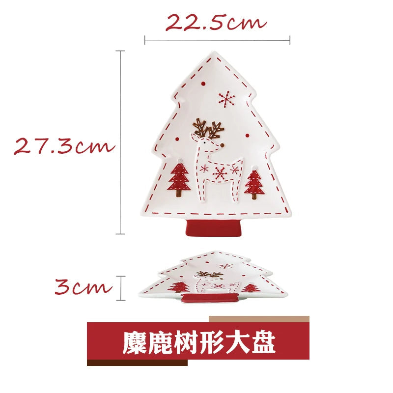 Christmas Hand-painted Ceramic Tableware Set Cute Christmas Steak Plate Embossed Underglaze Color Flat Plate Good Vibrations