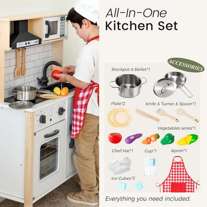 Play Kitchen for Kids, Wooden Kids Play Kitchen Playset Chef Pretend Play Set for Toddlers with Real Lights & Sounds, Toys Kitch Good Vibrations