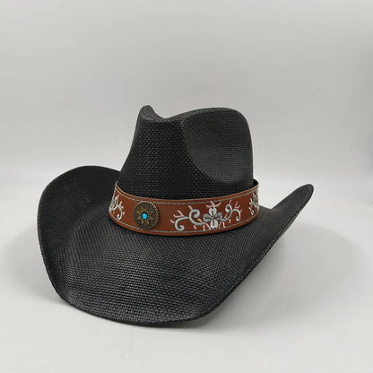 hats straw cowgirl western hat  mexican hat  retro curling hat western cowboy hat outdoor riding hat travel sports hat Good Vibrations