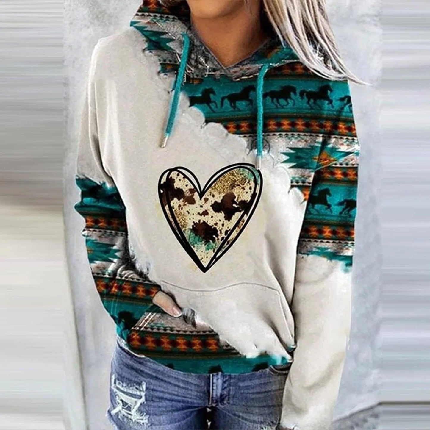 Womens Casual Geometric Horse Print Long Sleeve Drawstring Pullover Tops, Ethnic Style Hooded Sweatshirt Good Vibrations