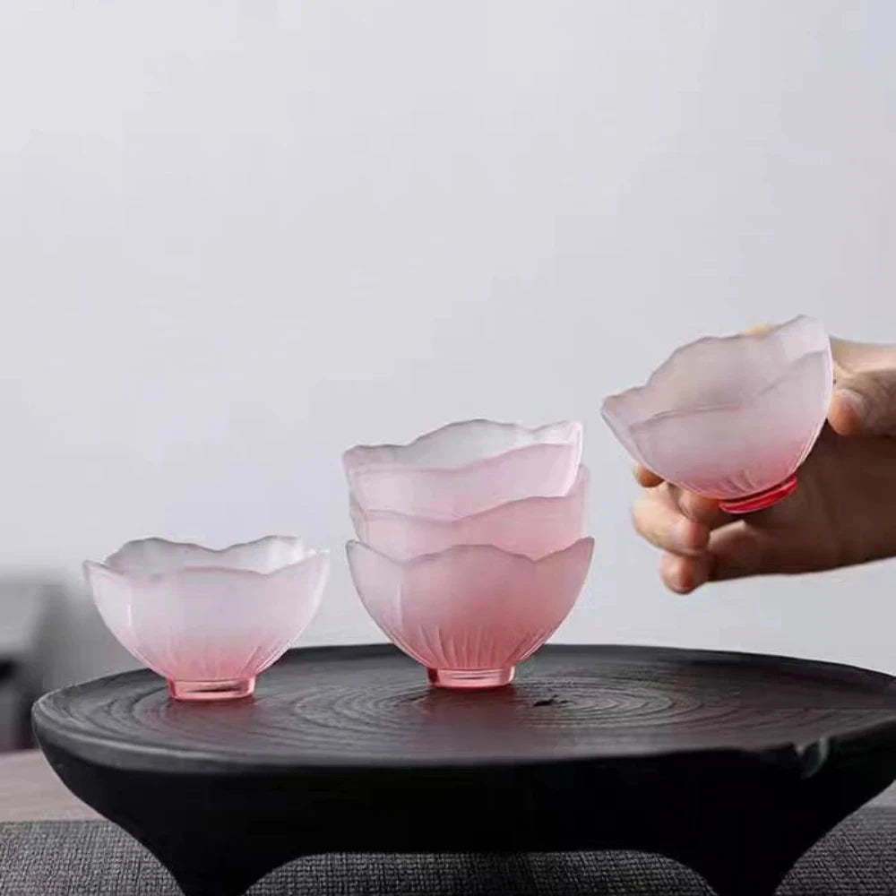 4 Pieces Glazed Glass Frosted Pink Sakura Japanese Teacup, Tableware Good Vibrations