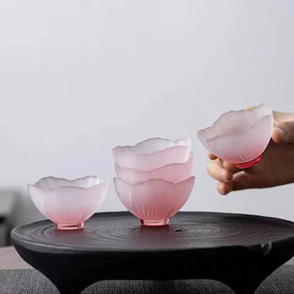 4 Pieces Glazed Glass Frosted Pink Sakura Japanese Teacup, Tableware Good Vibrations