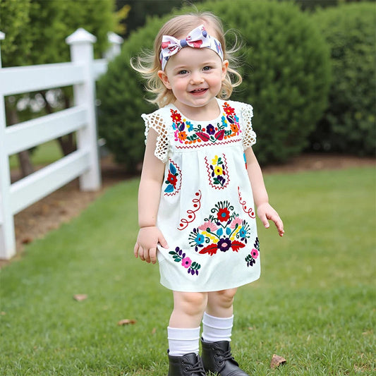 Toddler Girls Summer Dress Casual Floral Embroidery Square Neck Sleeveless Dress Baby Girls Princess Beach Party Dress Clothes Good Vibrations