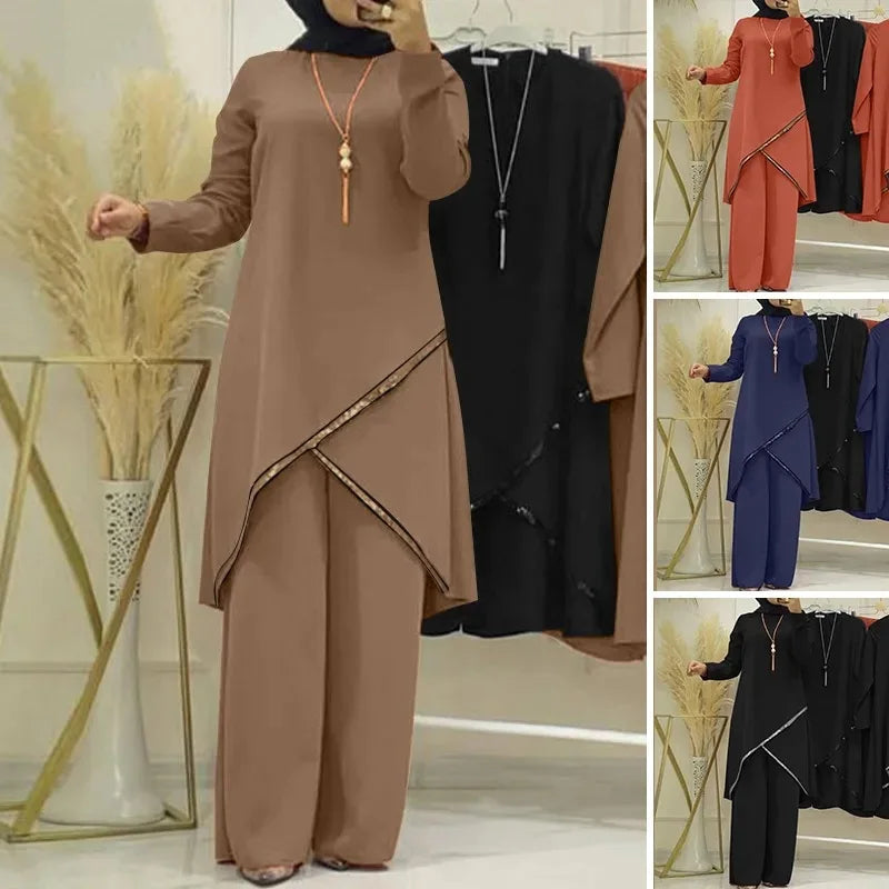 Women Eid Musulman Ensemble Muslim Sets Solid Blouses Wide Leg Pants Ramadan Morocco Two Pieces Dubai Kaftan Loose Modest Good Vibrations
