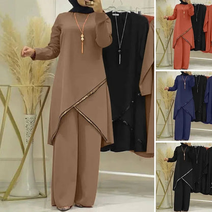 Women Eid Musulman Ensemble Muslim Sets Solid Blouses Wide Leg Pants Ramadan Morocco Two Pieces Dubai Kaftan Loose Modest Good Vibrations