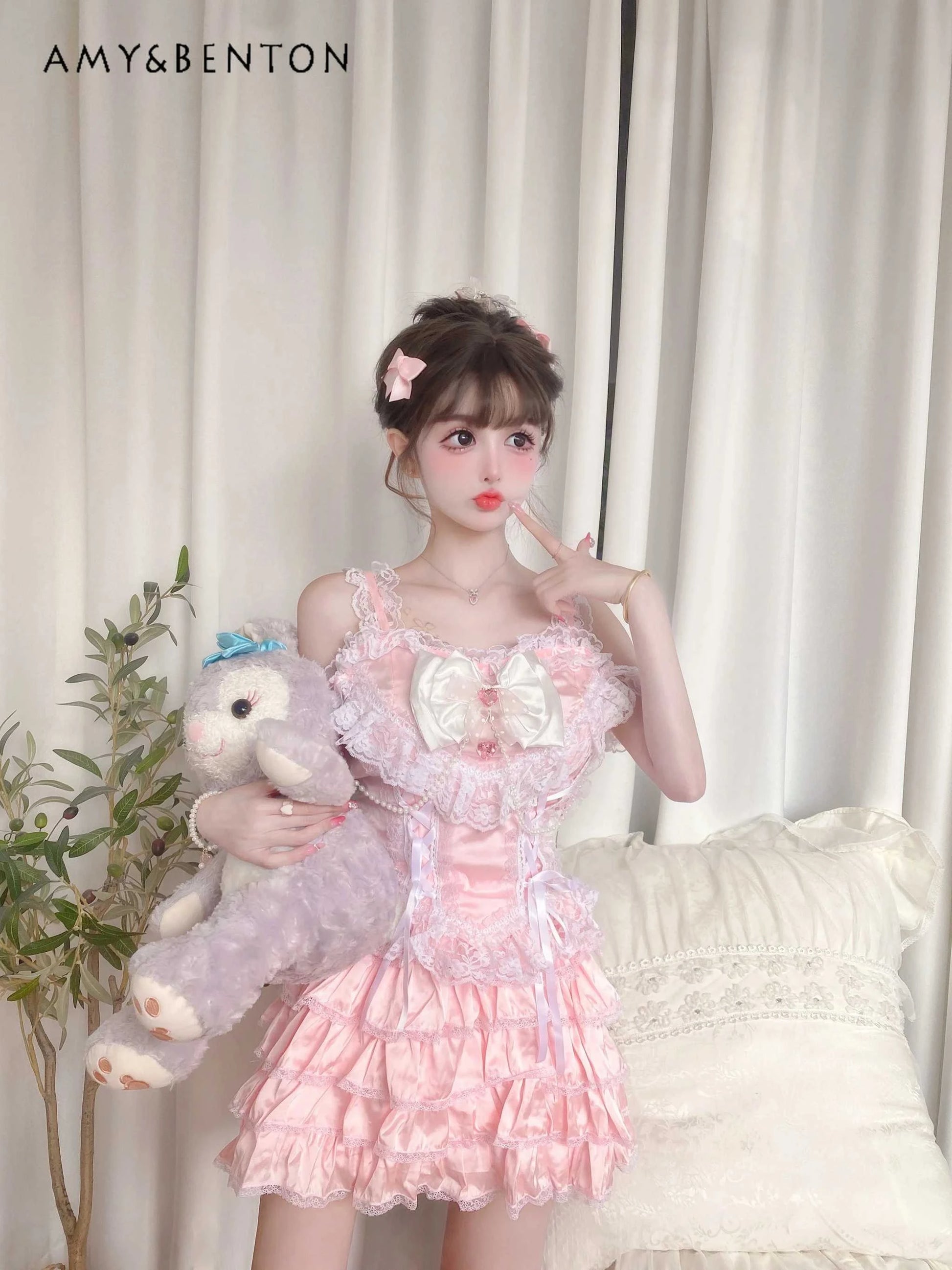 Sweet Cute Heavy Industry Skirt Sets Bow Lace Vest Mini Y2K