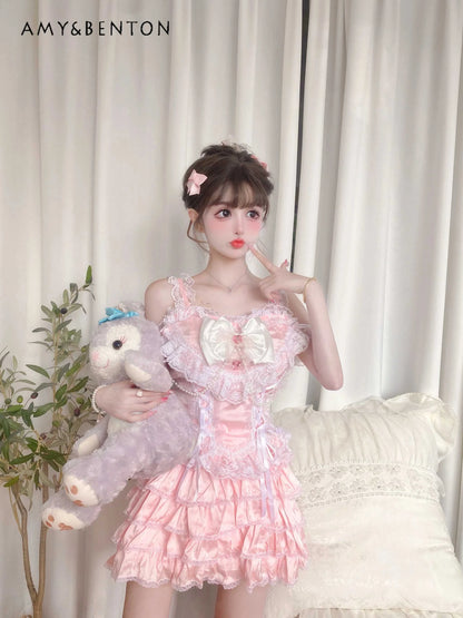 Sweet Cute Heavy Industry Skirt Sets Bow Lace Vest Mini Y2K