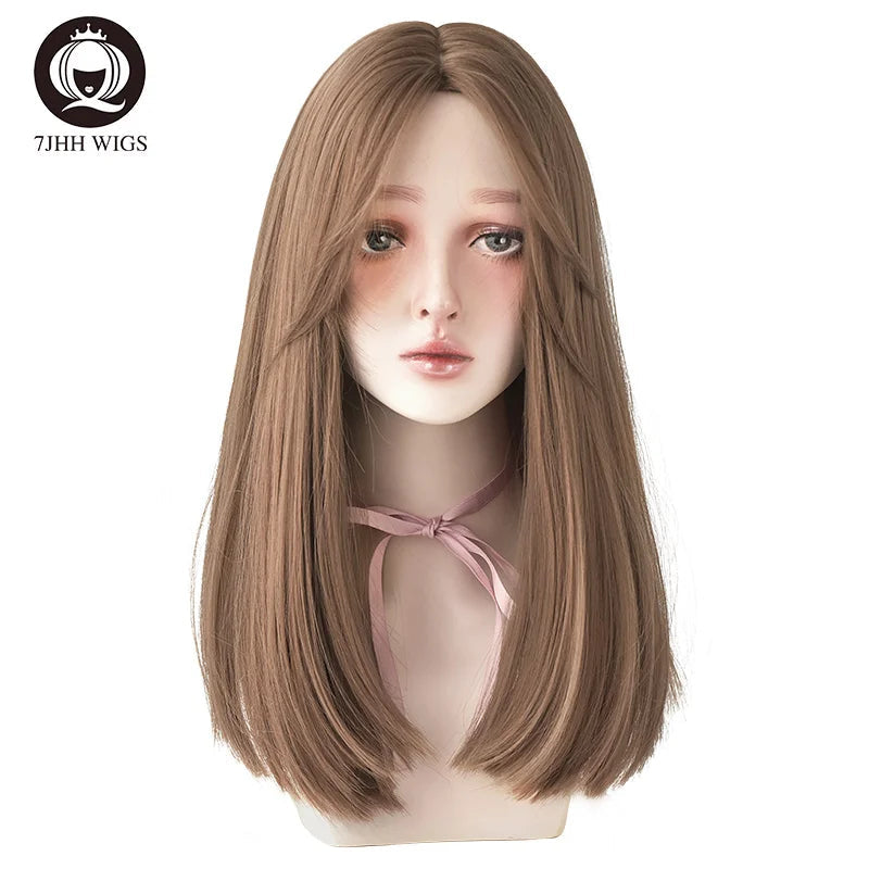 7JHHWIGS Long Wavy Synthetic Black Wigs For Women With Fringe Fashion Heat Resistant Mid-Length Daily Straight Light Brown Hair Good Vibrations