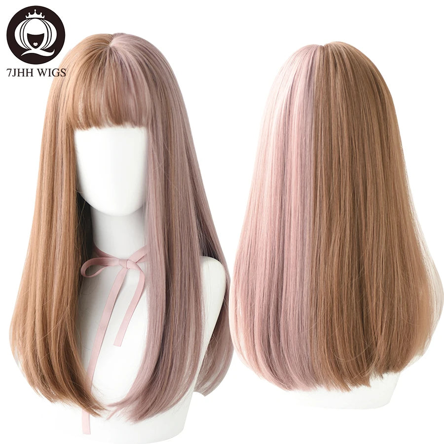 7JHHWIGS Long Wavy Synthetic Black Wigs For Women With Fringe Fashion Heat Resistant Mid-Length Daily Straight Light Brown Hair Good Vibrations