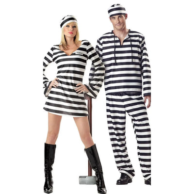 CP Cospaly Convict Prisoner Costume Striped Halloween Cos Couple's Convict Costume Classic Striped Halloween Costumes for Women
