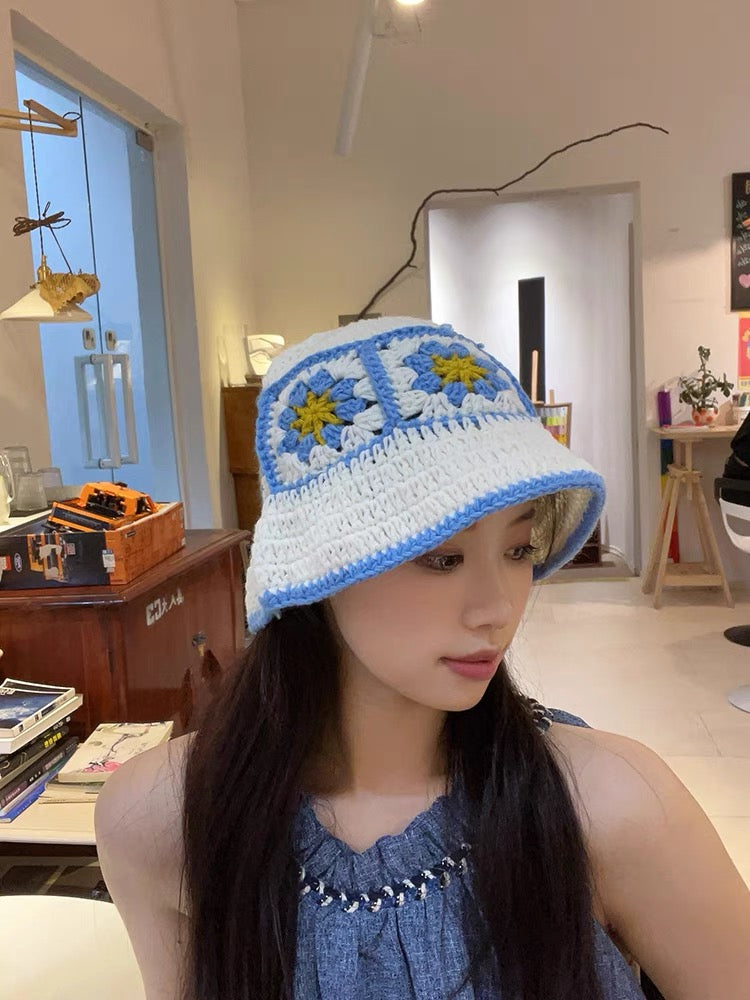 2024 Spring New Crochet Hat Korean Handmade Bucket Hat Women's Weaving Knitted Hat Y2k Fashion Flowers Autumn Winter Ins Beanies Good Vibrations