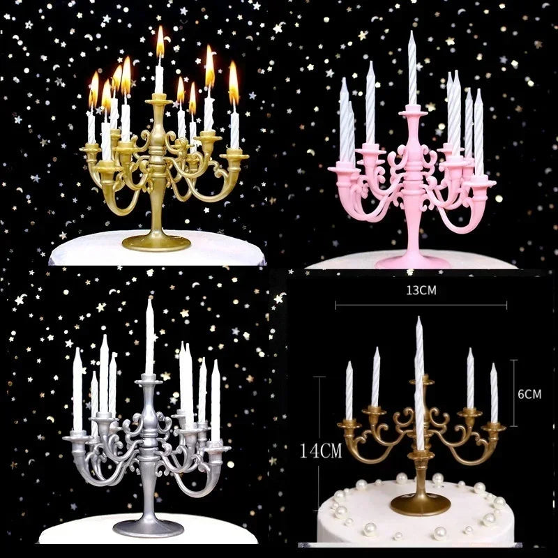9PCS Candles and Candlestick Bracket 1 Set Cake Topper Birthday Party Cake Candle Holders Toppers Decoration Good Vibrations