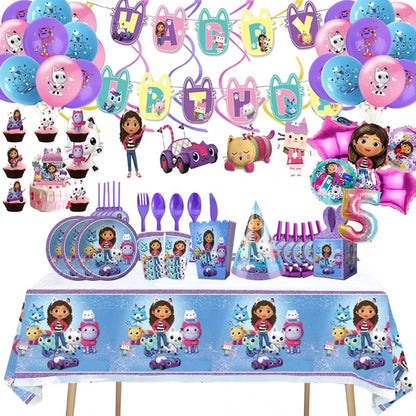 Gabby Dollhouse Birthday Party Supplies Kids Disposable Tableware Backdrop Cake Decoration Girl Baby Shower Numbers Balloon Gift Good Vibrations
