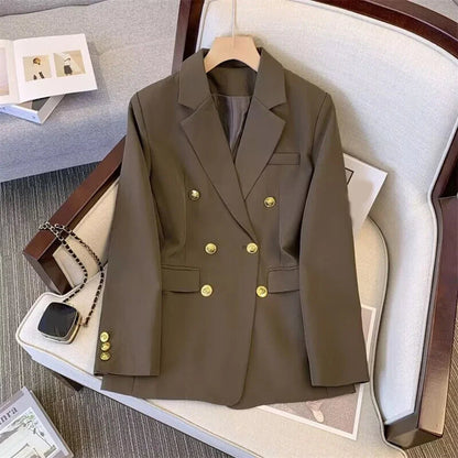 Blazer For Women Elegant Suit Jacket Loose Long Sleeve Jacket Beige Casual Solid Color Blazer Fashion Lapel Neckline Style Good Vibrations