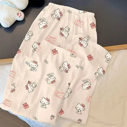 Sanrio Hello Kitty Pure Pajama Pants Wide Kawaii KT Cat Leg Pants Y2K Summer Thin High Waist Casual Trousers Birthday Gifts Good Vibrations