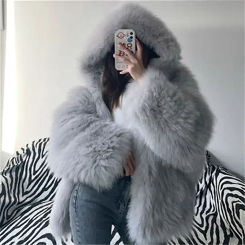 Faux Fur Jackets for Women Autumn Winter Short Bat Maxi Hooded Coats Warm Thick Coat Loose Open Stitch Jacket Y2k Streetwear Good Vibrations