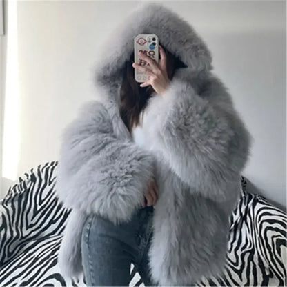 Faux Fur Jackets for Women Autumn Winter Short Bat Maxi Hooded Coats Warm Thick Coat Loose Open Stitch Jacket Y2k Streetwear Good Vibrations