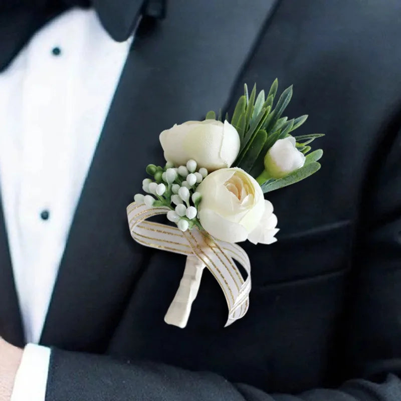 Boutonniere Flowers Artificial Roses Silk Ivory Corsage Buttonhole Groomsmen Boutonniere for Men Wedding Accessories Good Vibrations