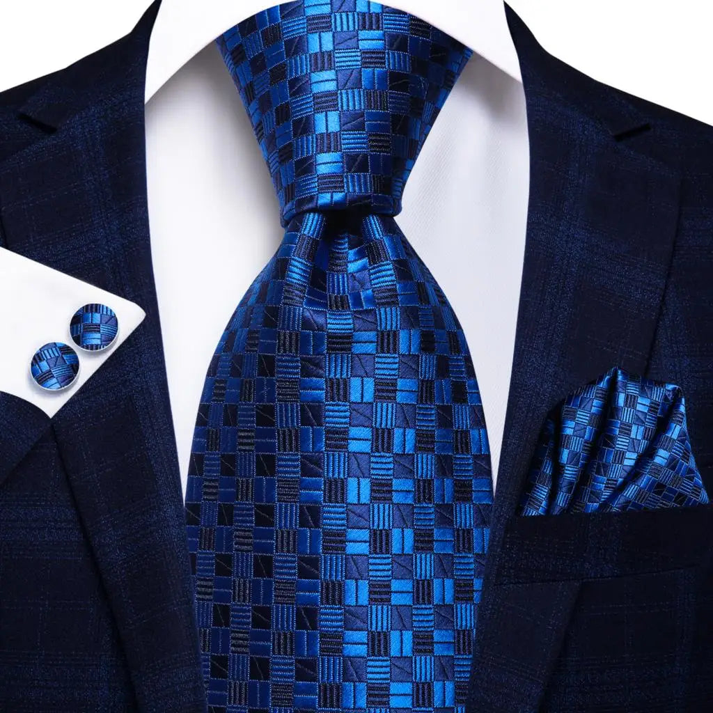 Hi-Tie Navy Blue Solid Paisley Silk Wedding Tie For Men Hanky Cufflink Mens Necktie Set Business Party New Design Dropshipping Good Vibrations