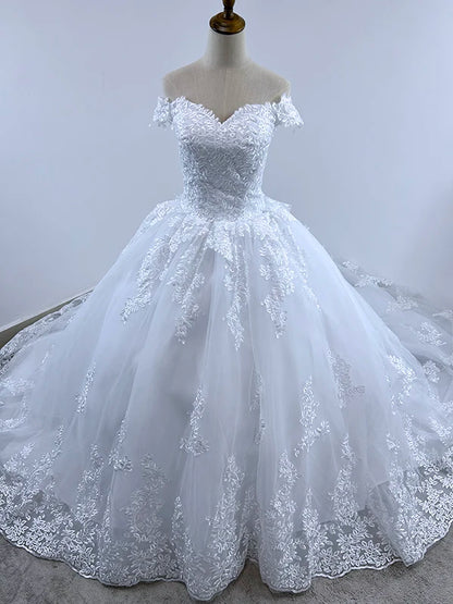 Off Shoulder Wedding Dresses Classic Boat Neck Wedding Gown Luxury Lace Bridal Dress Real Photo Vestido De Noiva customized Good Vibrations