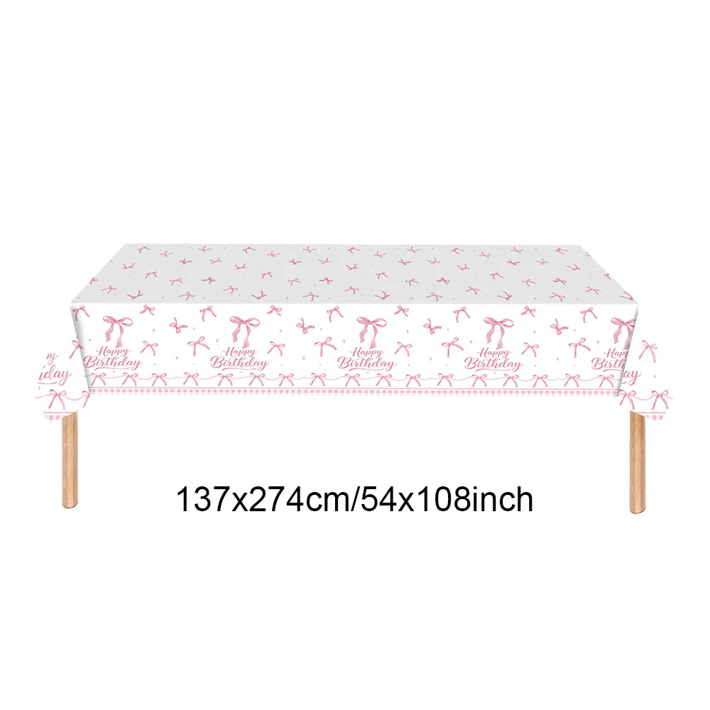 Pink Banner Happy Birthday Bow Balloon Straw Disposable Paper Plate Napkin Cup Tableware Princess Girl Birthday Party Supplies Good Vibrations
