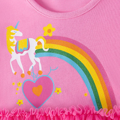 Little maven 2026 Summer Kids Clothes Baby Girls New Cartoon Rainbow Children's Clothing Birthday Mesh Dresses 2-7 Years Good Vibrations