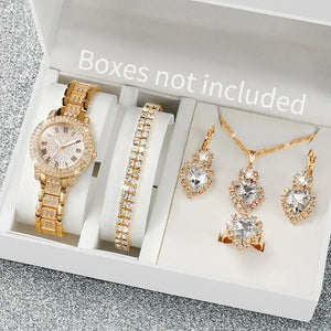 6PCS/Set Fashion Full Diamond Women's Watch Gold Steel Band Quartz Watches Diamond Jewelry Set Good Vibrations