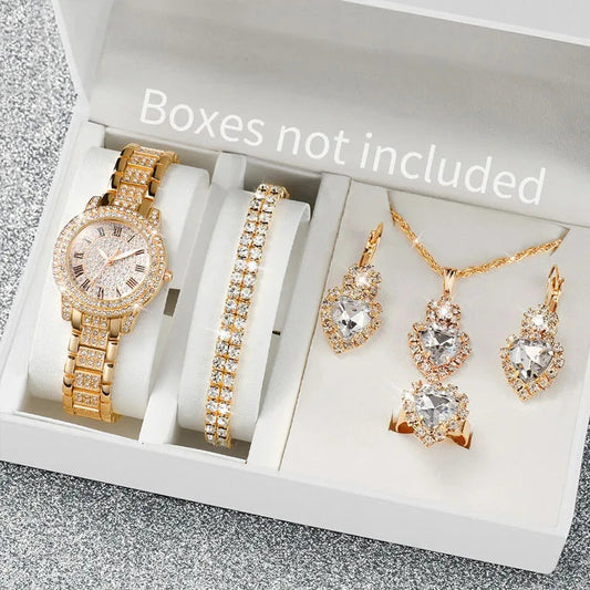 6PCS/Set Fashion Full Diamond Women's Watch Gold Steel Band Quartz Watches Diamond Jewelry Set Good Vibrations